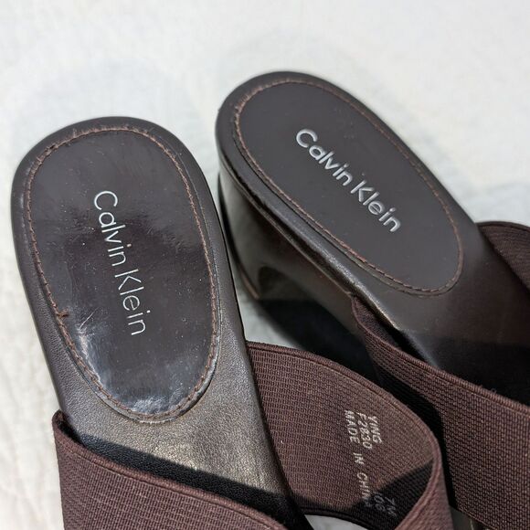 Vintage 1990s y2k Calvin Klein Leather Sandals Brown Logo Wedge Size 7 - Picture 9 of 12